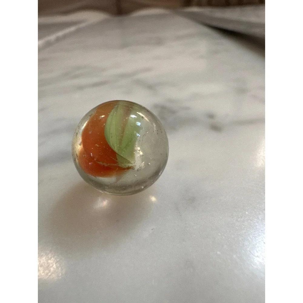 Vintage 15mm Glass Catseye Marble Orange Green White Tri-Color 4-Vane Swirl